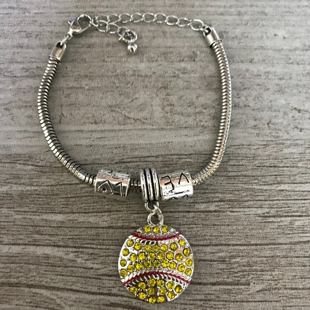 Softball Rhinestone Charm Bracelet for Girls